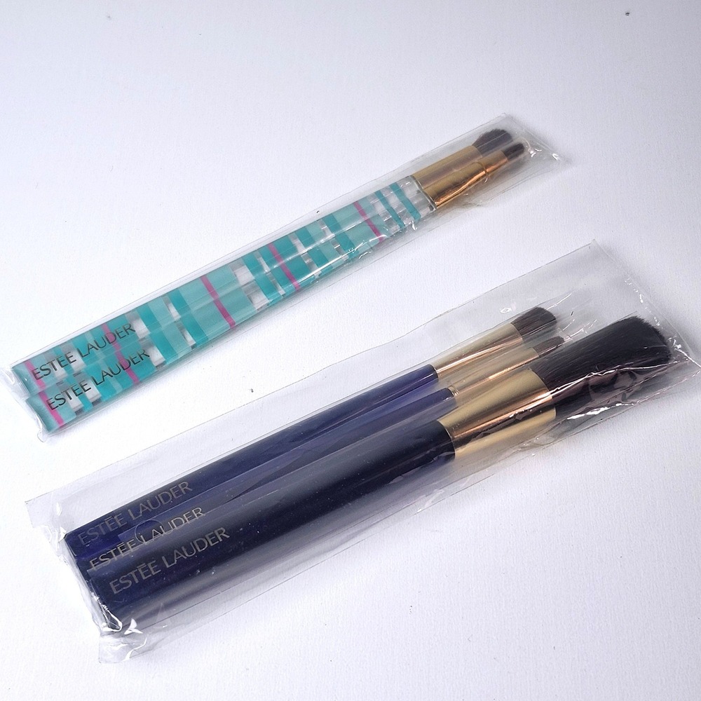 Estee Lauder Travel Makeup Brush Set NEW Set of 5 Blue Gold Turquoise Striped